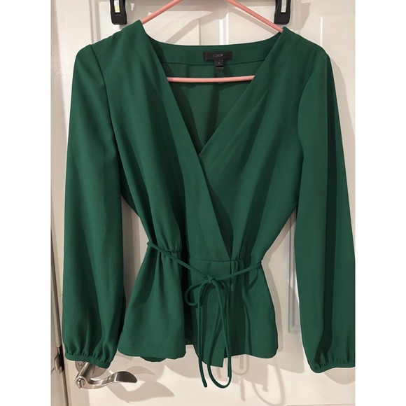 J. Crew Green Long Sleeve Blouse Top Tie Waist Business Casual - Picture 1 of 4